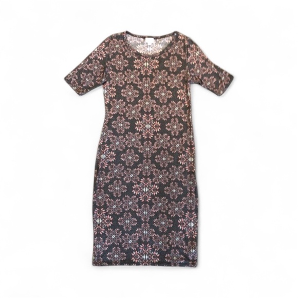 LuLaRoe Charcoal Gray Bodycon Style Midi Julia Dress With Floral Pattern size M - Picture 1 of 11